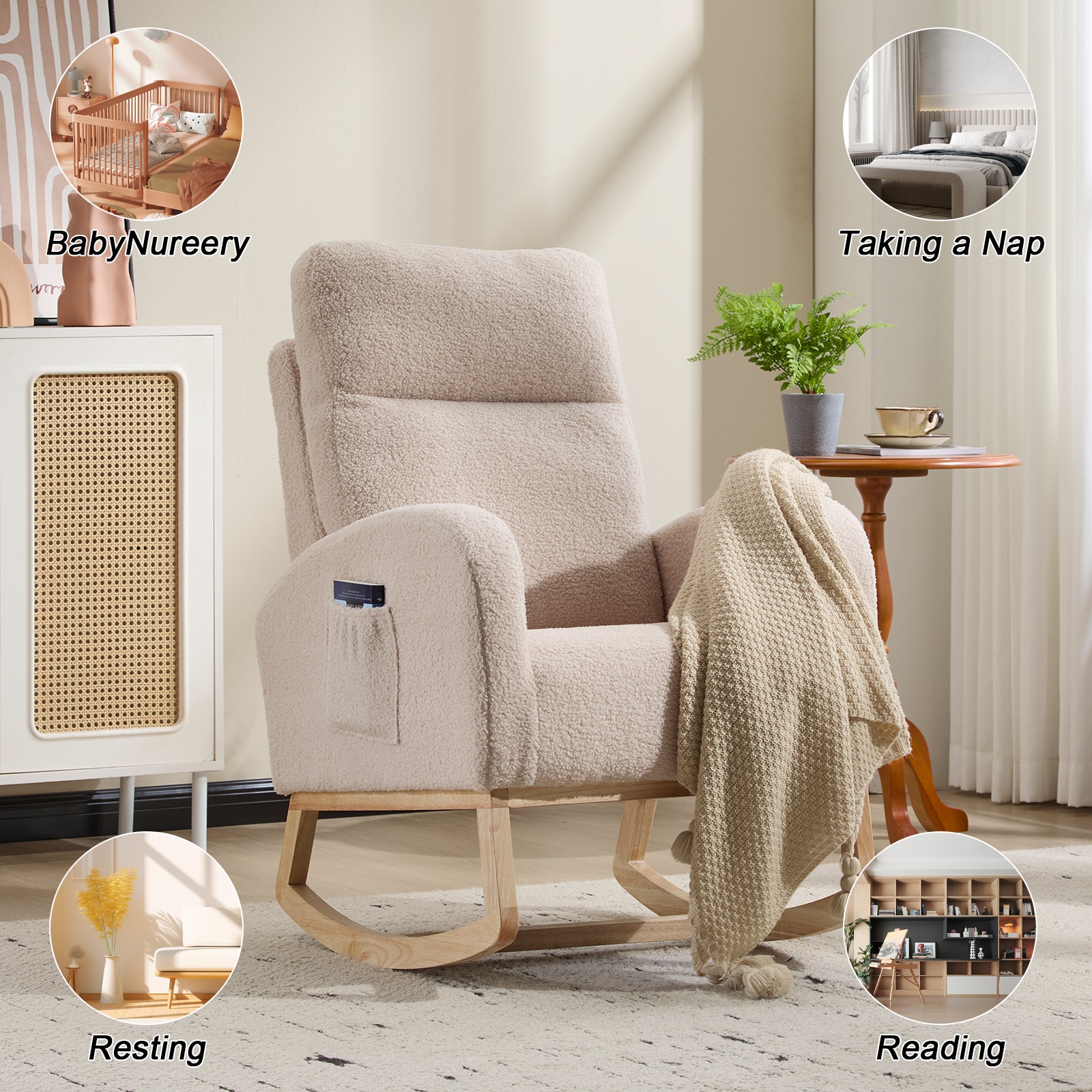 Modern Accent Rocking Chair Rocking Chair With Solid Wood Legs, Upholstered Nursery Glider Rocker, Comfy Armchair With Side Pocket, Living Room Lounge Arm Chair With High Backrest (Beige,teddy)_voghion.com